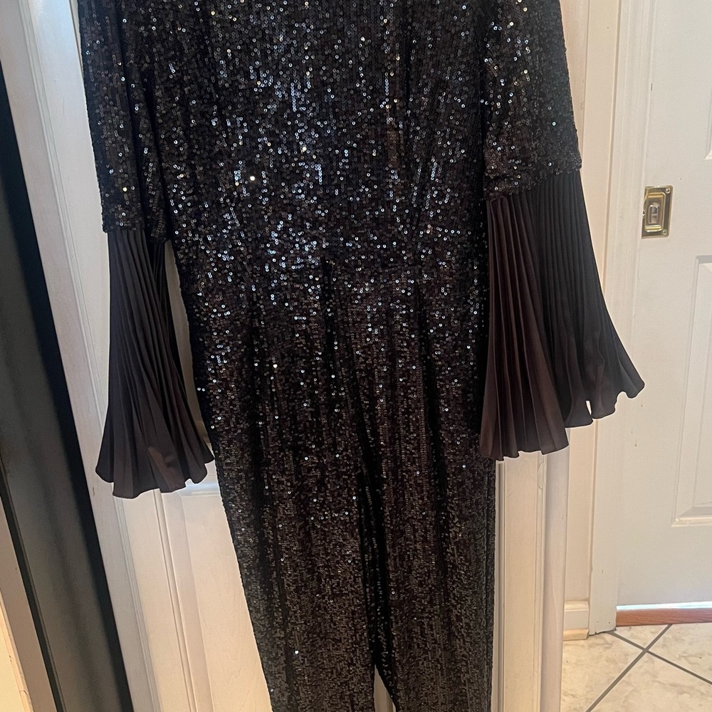 Black Sequin Jumpsuit with Pleated Bell Sleeves